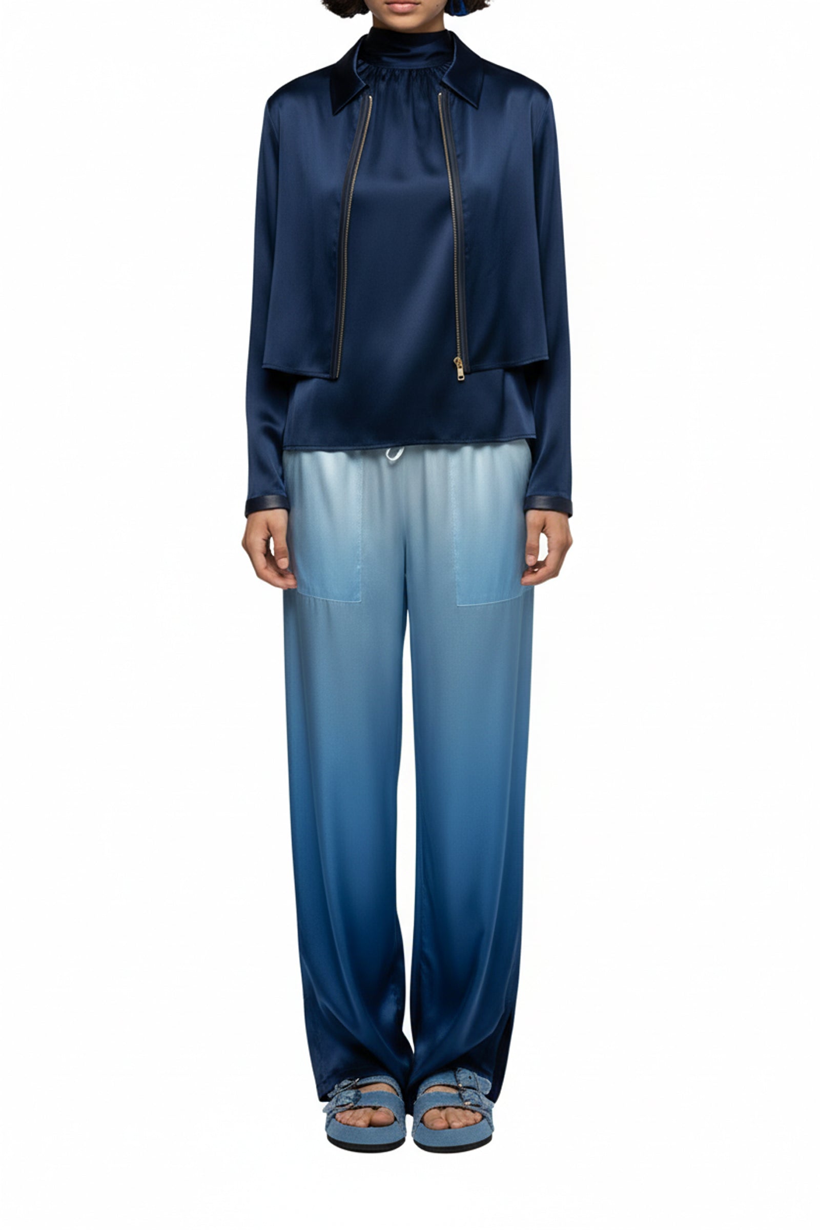 Ganouk zipped silk shirt collar jacket with stripes - Navy