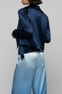 Ganouk zipped silk shirt collar jacket with stripes - Navy