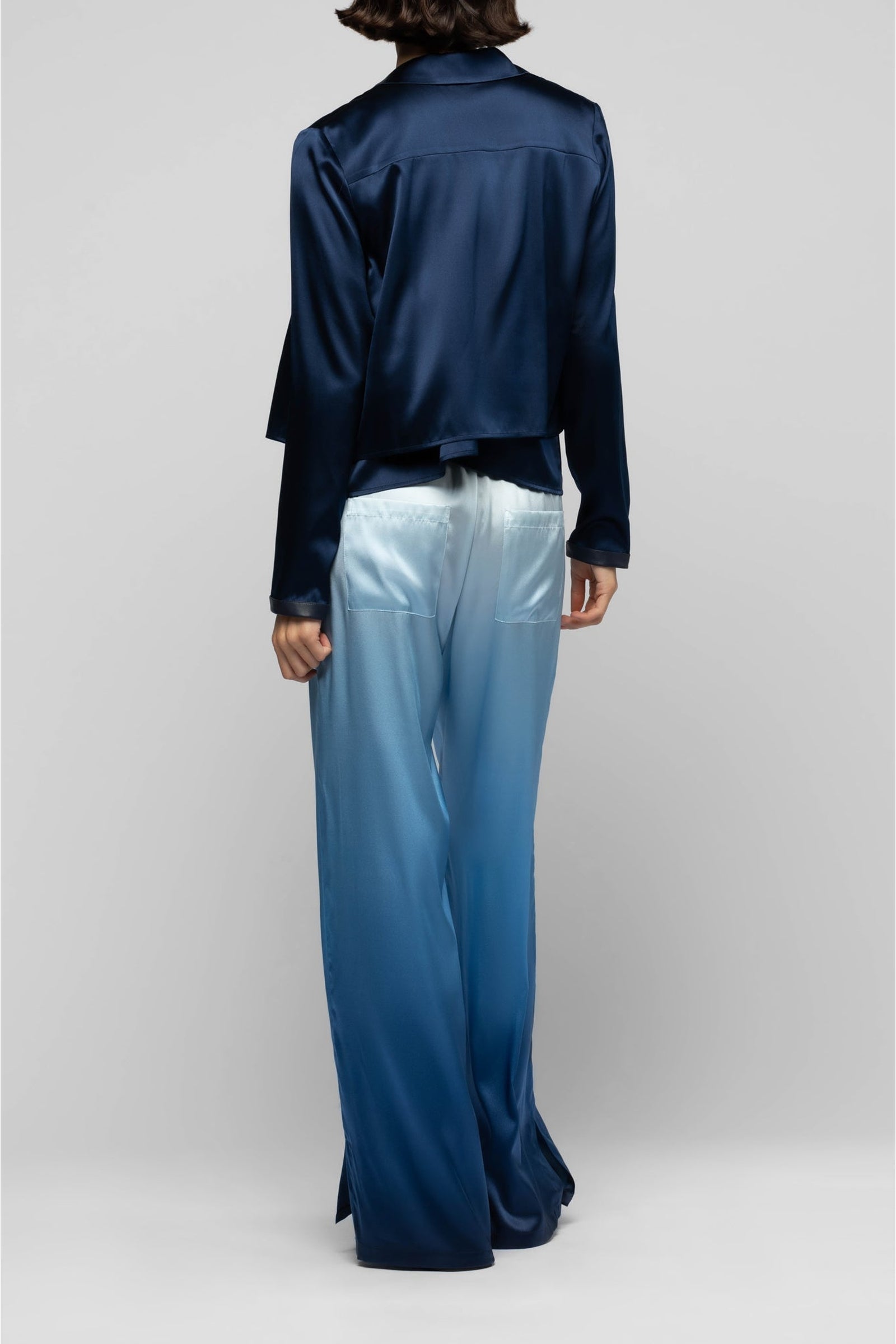 Ganouk zipped silk shirt collar jacket with stripes - Navy