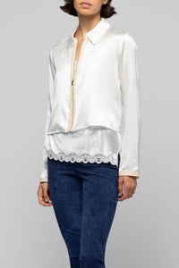 Ganouk zipped silk shirt collar jacket with stripes - White