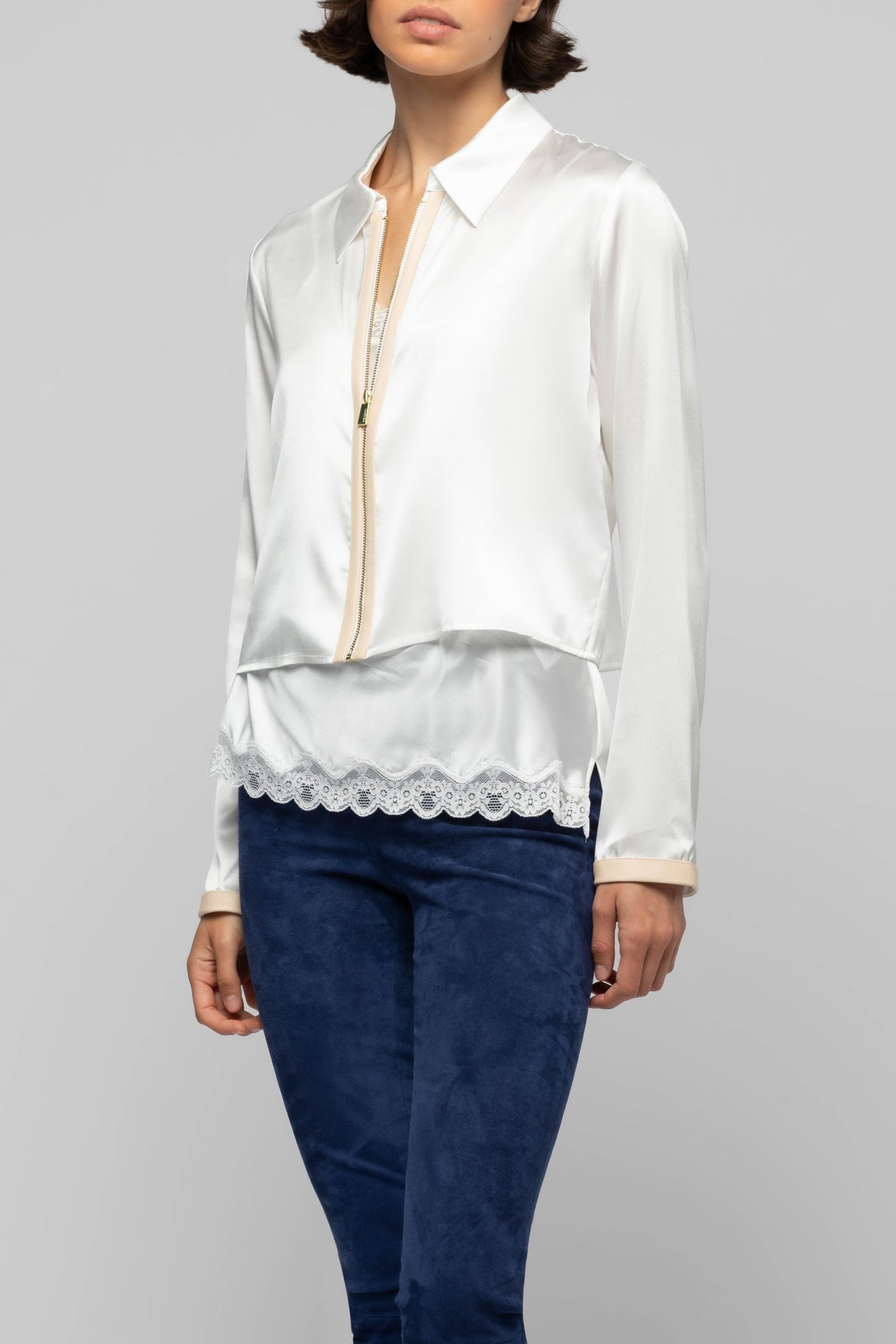 Ganouk zipped silk shirt collar jacket with stripes - White