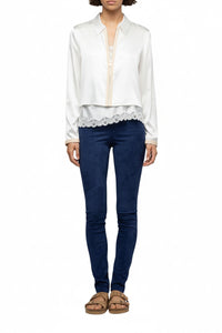 Ganouk zipped silk shirt collar jacket with stripes - White