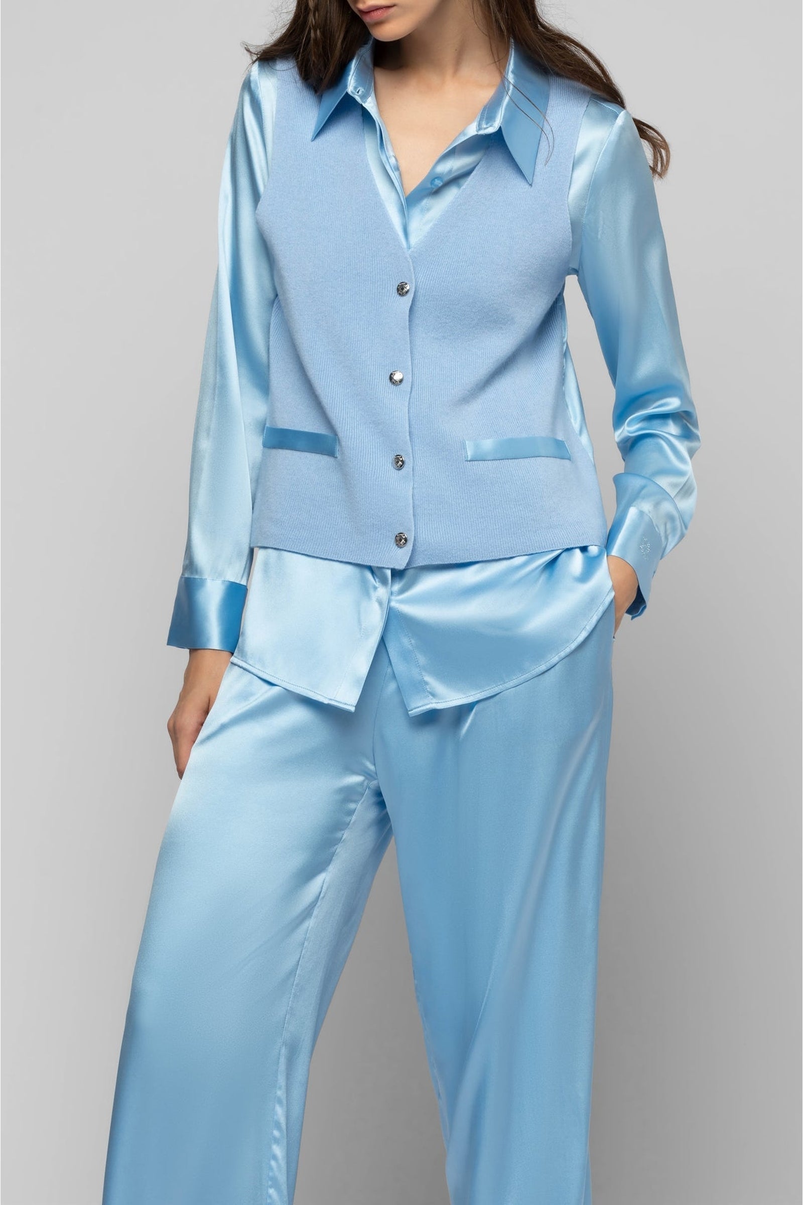 Gany sleeveless bi-material knit and silk jacket - Ciel