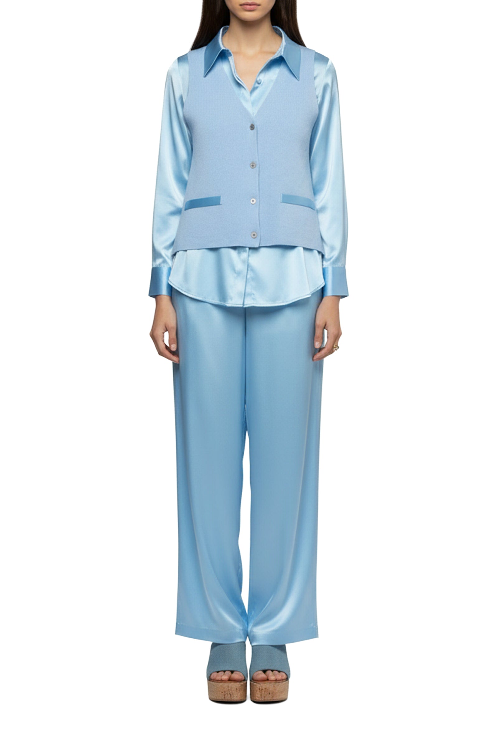 Gany sleeveless bi-material knit and silk jacket - Ciel