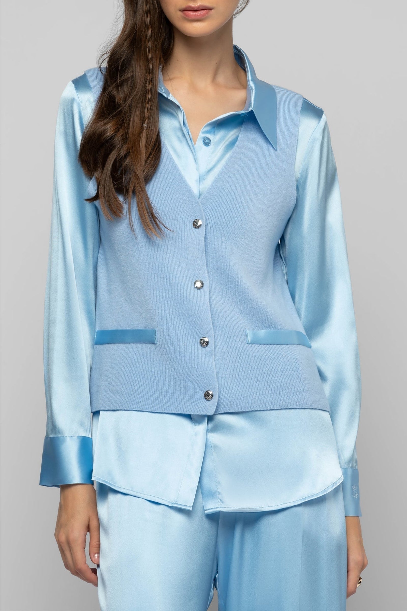 Gany sleeveless bi-material knit and silk jacket - Ciel