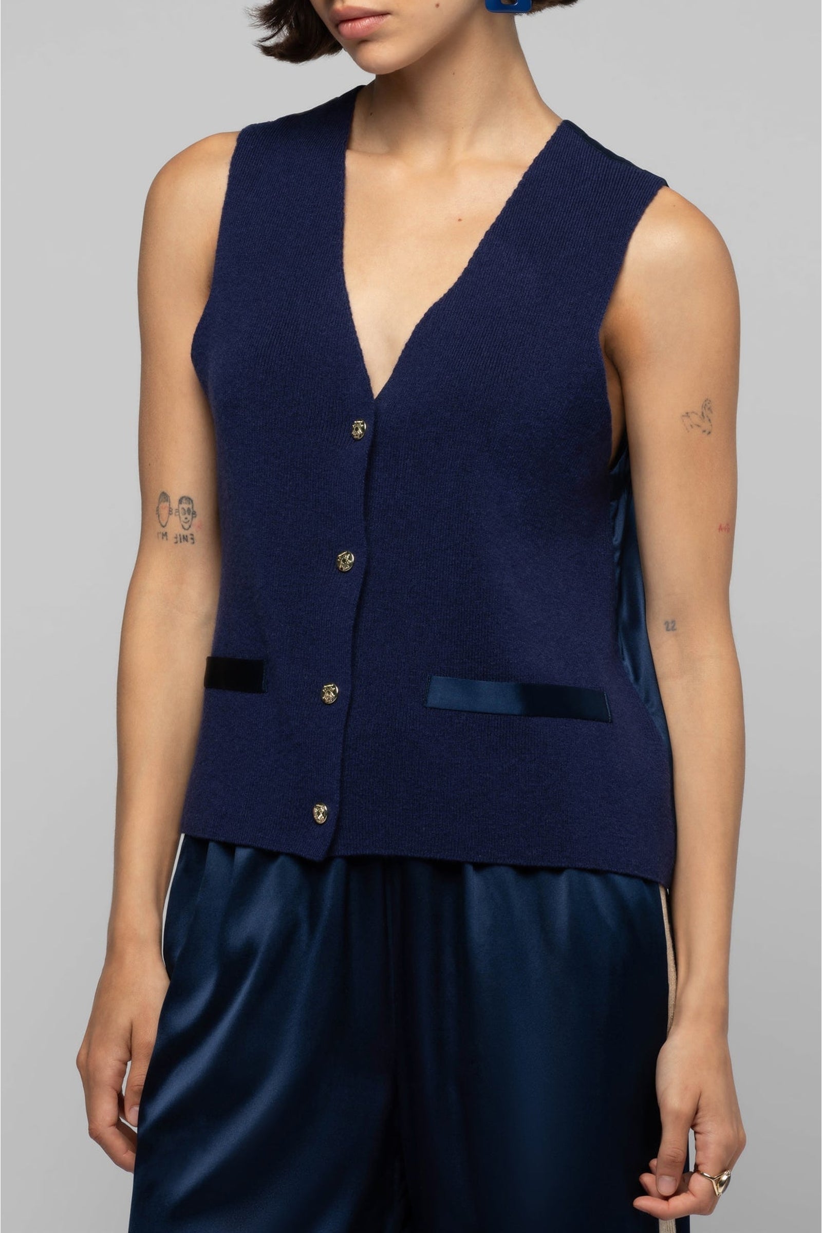 Gany sleeveless two-ply knit and silk jacket - Navy