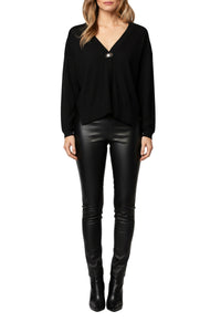 Long-sleeved knitted Panes jumper with rhinestone placket - Black