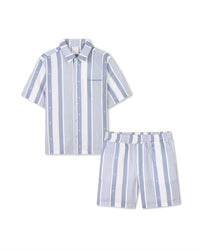 Ensemble chemise et short à rayures en lin - Bleu Blanc