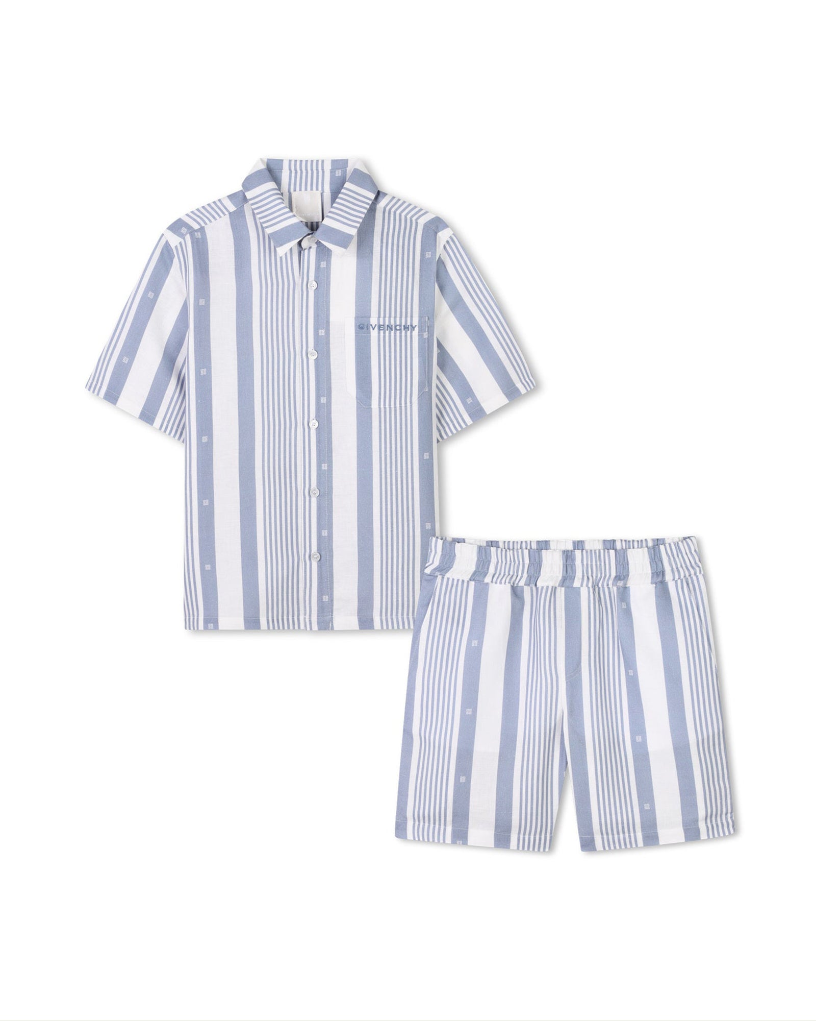 Ensemble chemise et short à rayures en lin - Bleu Blanc