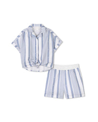 Ensemble chemise et short à rayures en lin - Bleu Blanc