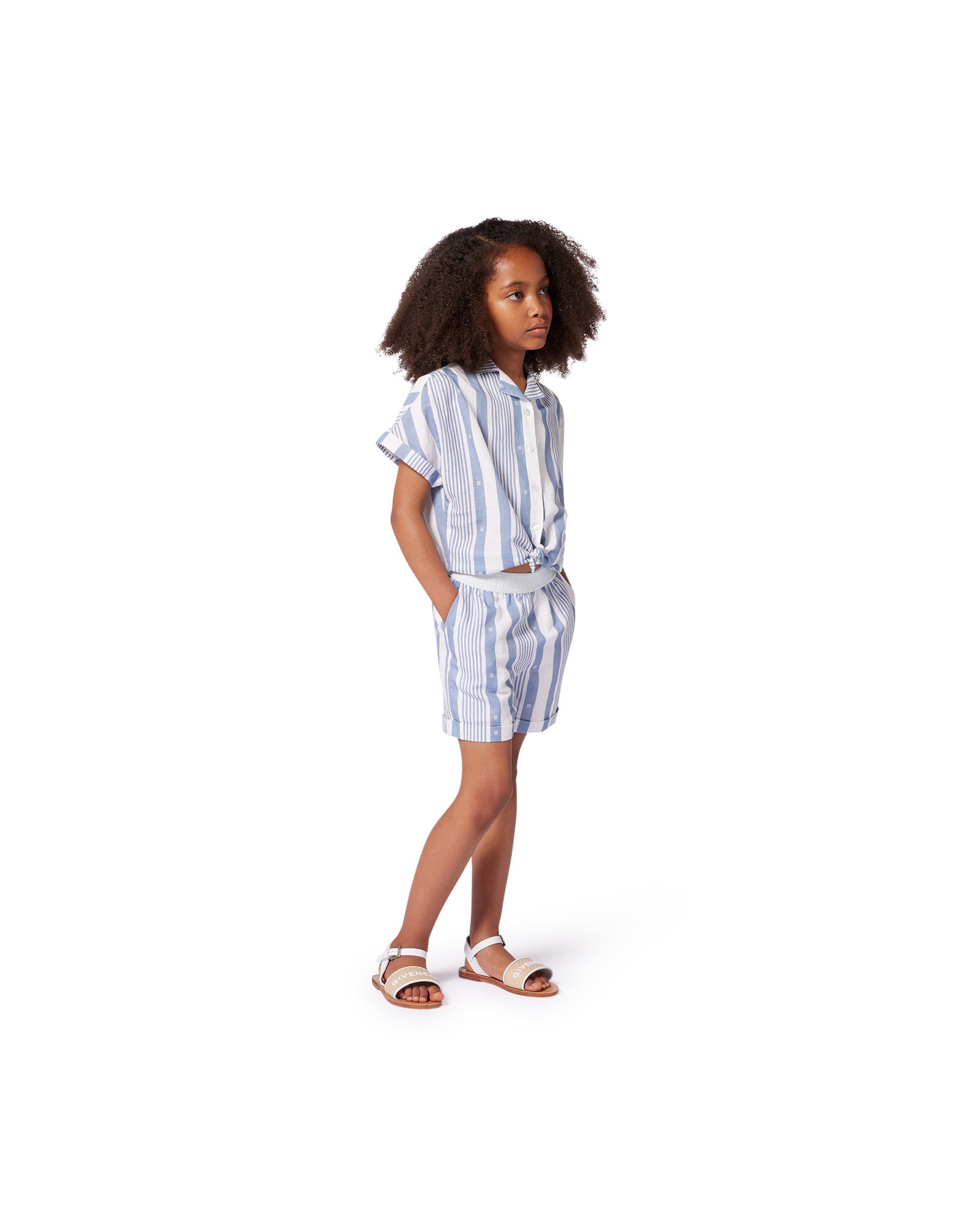 Ensemble chemise et short à rayures en lin - Bleu Blanc