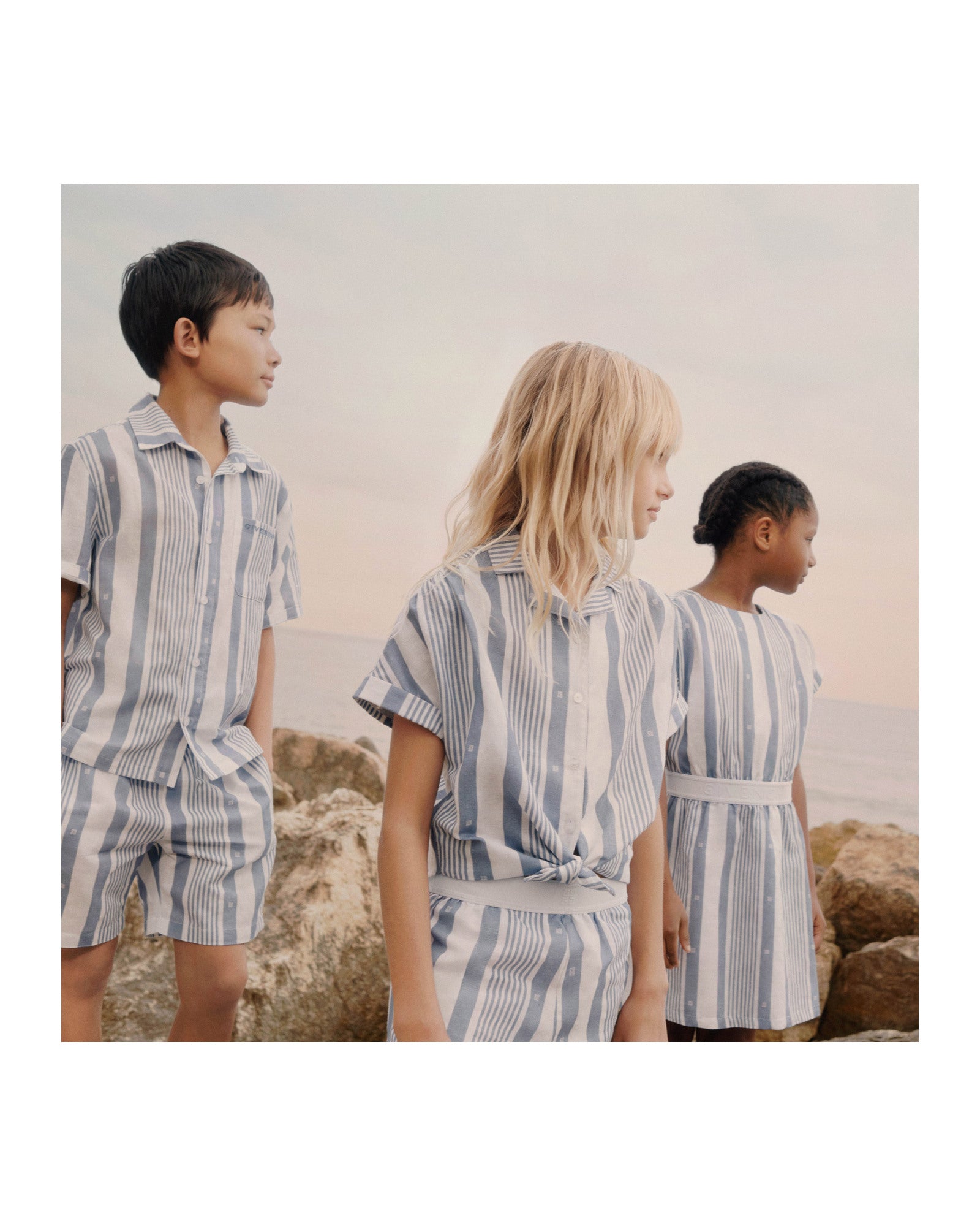 Ensemble chemise et short à rayures en lin - Bleu Blanc