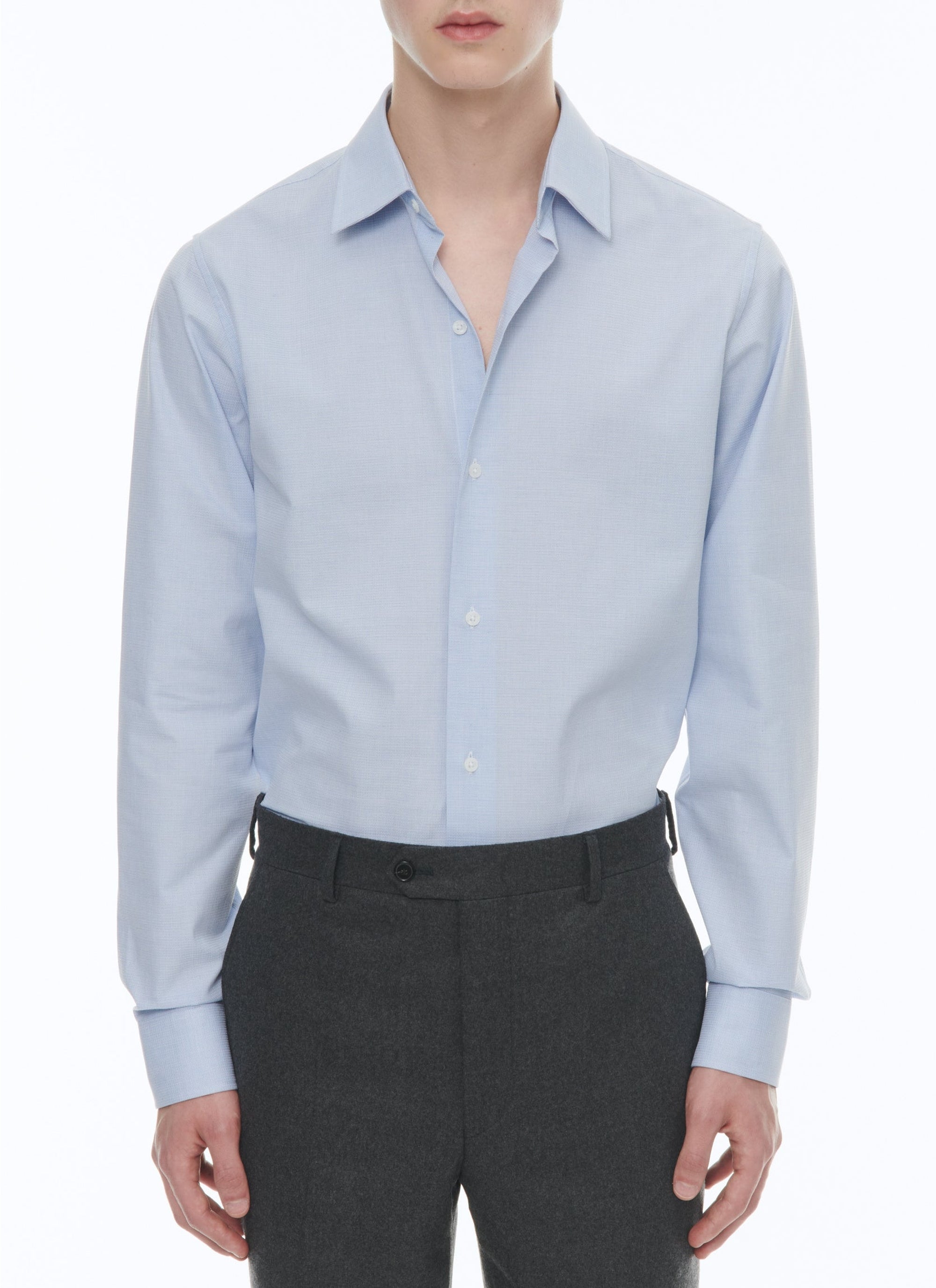 Chemise à col droit en armuré de coton - Bleu Clair