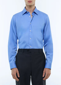 Chemise à col droit en popeline de coton - Bleuet