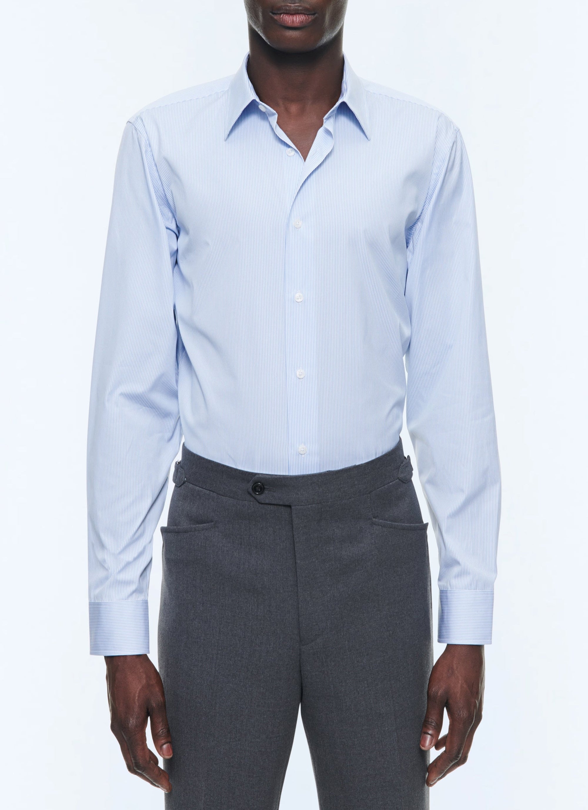 Chemise à col droit en popeline de coton à rayures - Bleu Ciel
