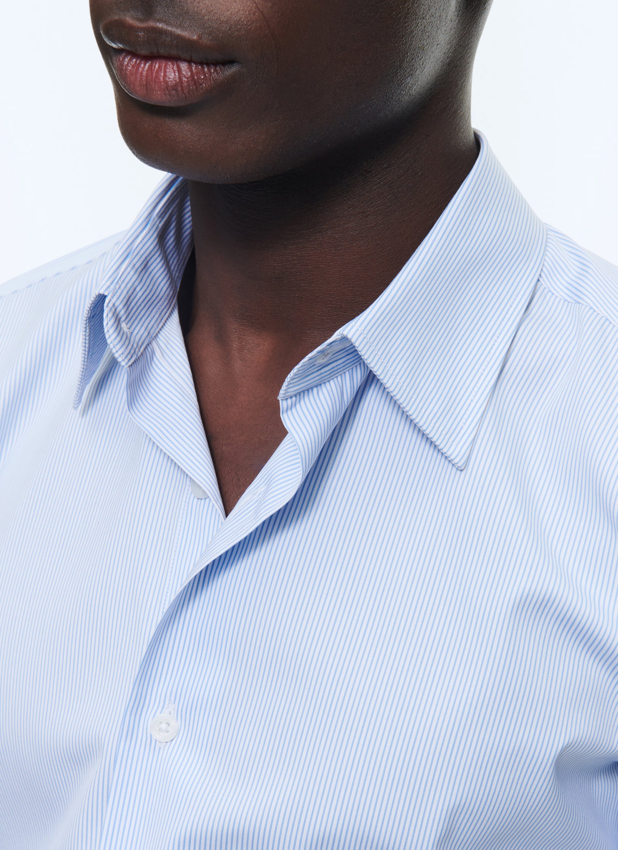 Chemise à col droit en popeline de coton à rayures - Bleu Ciel