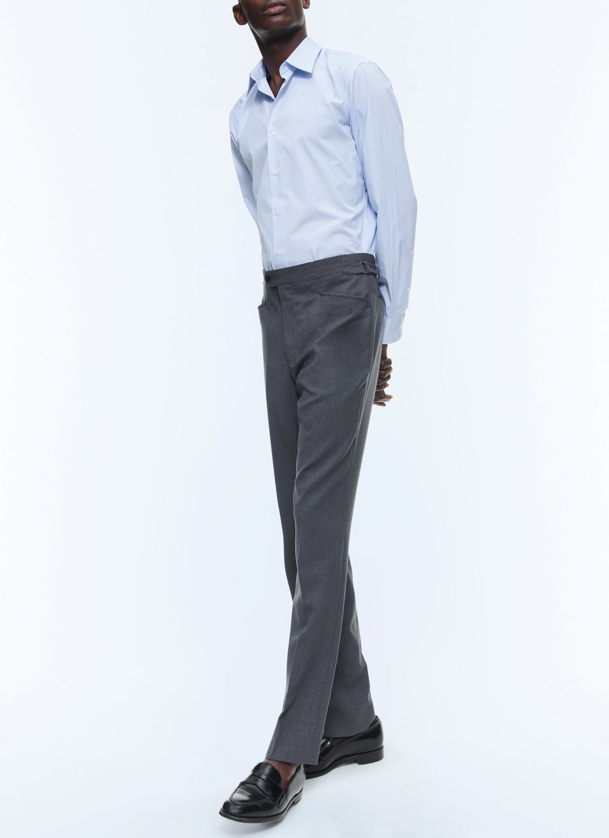 Chemise à col droit en popeline de coton à rayures - Bleu Ciel