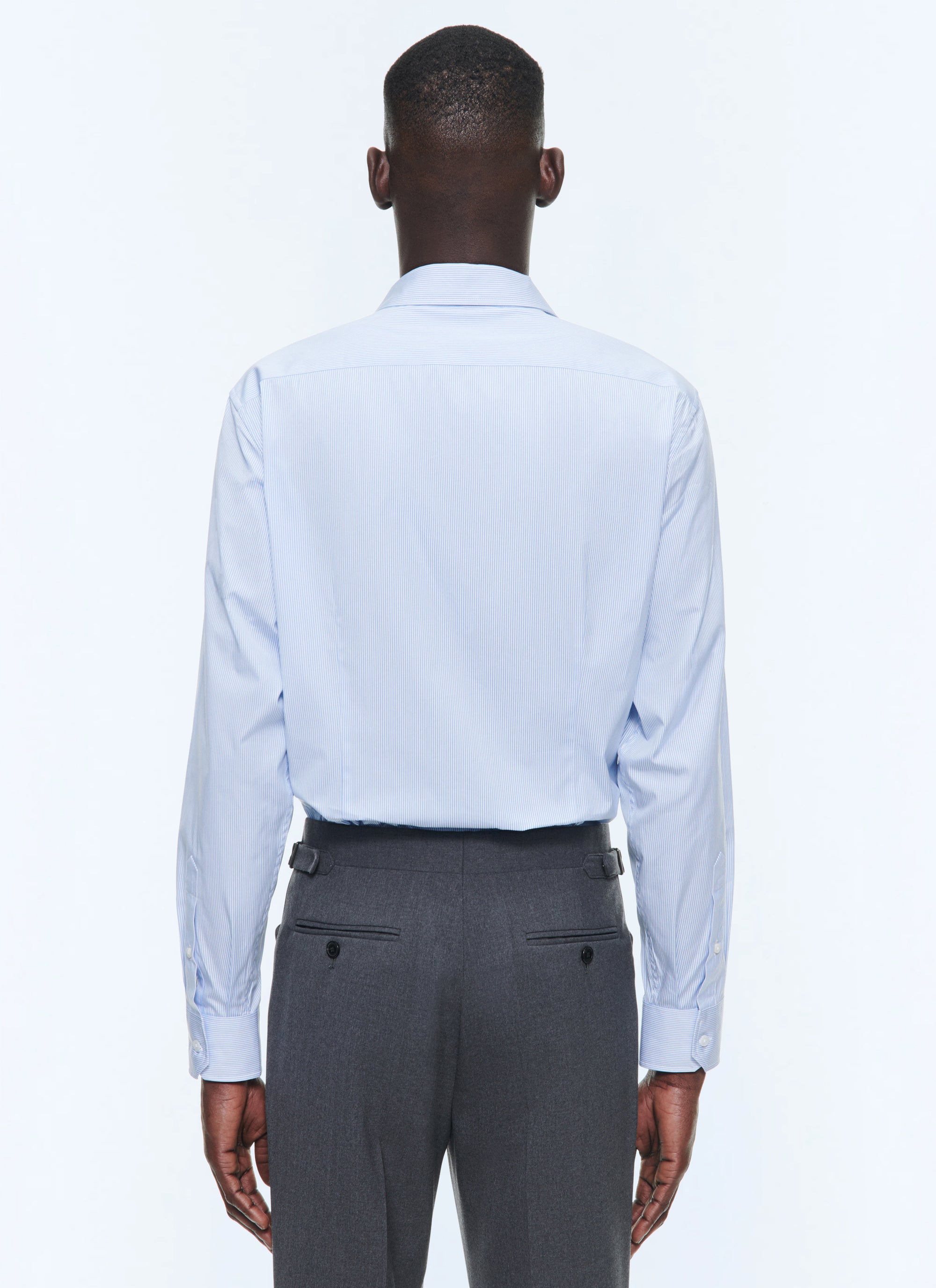 Chemise à col droit en popeline de coton à rayures - Bleu Ciel