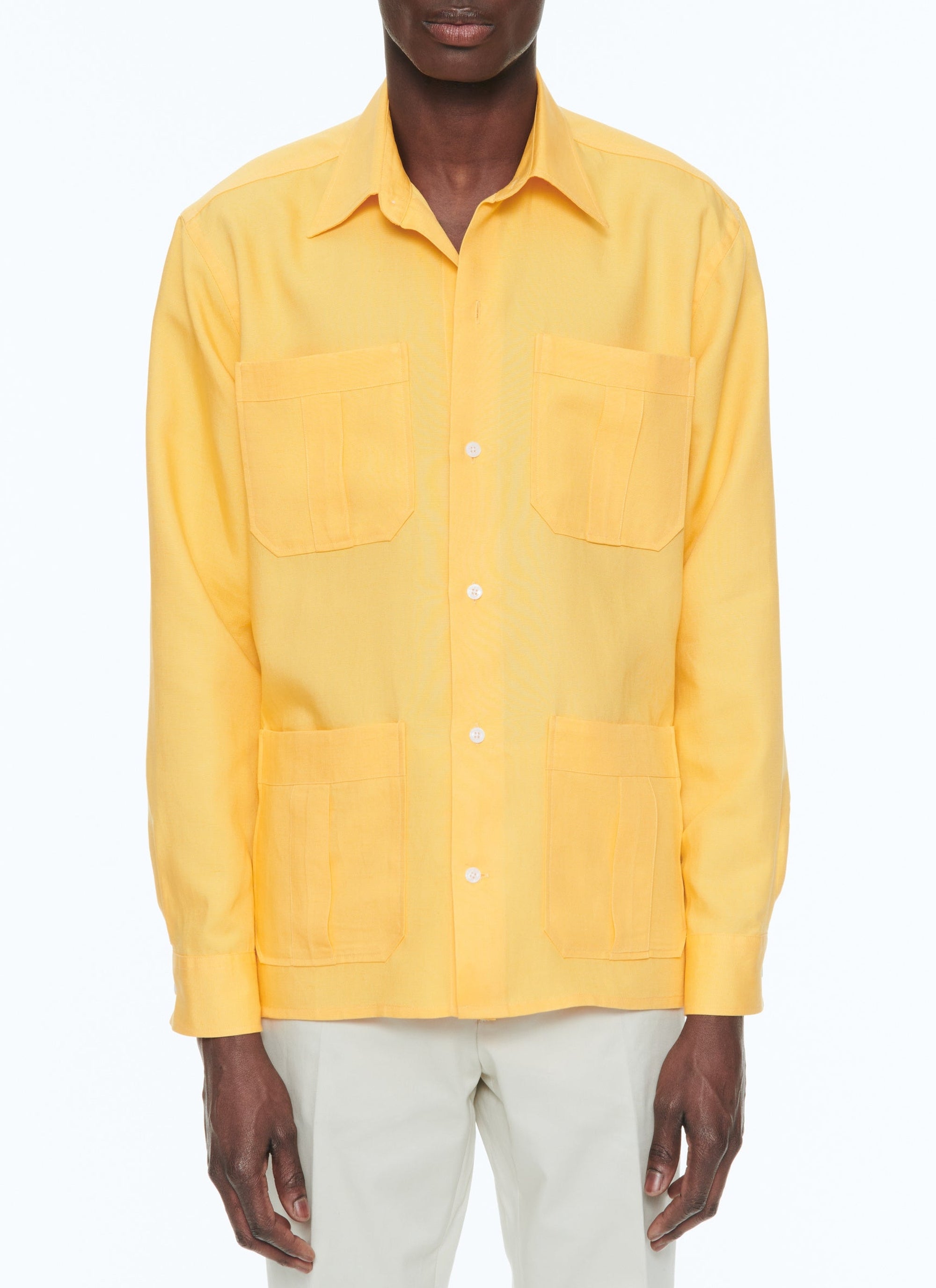 Chemise à multi-poches en lin tramée - Moutarde