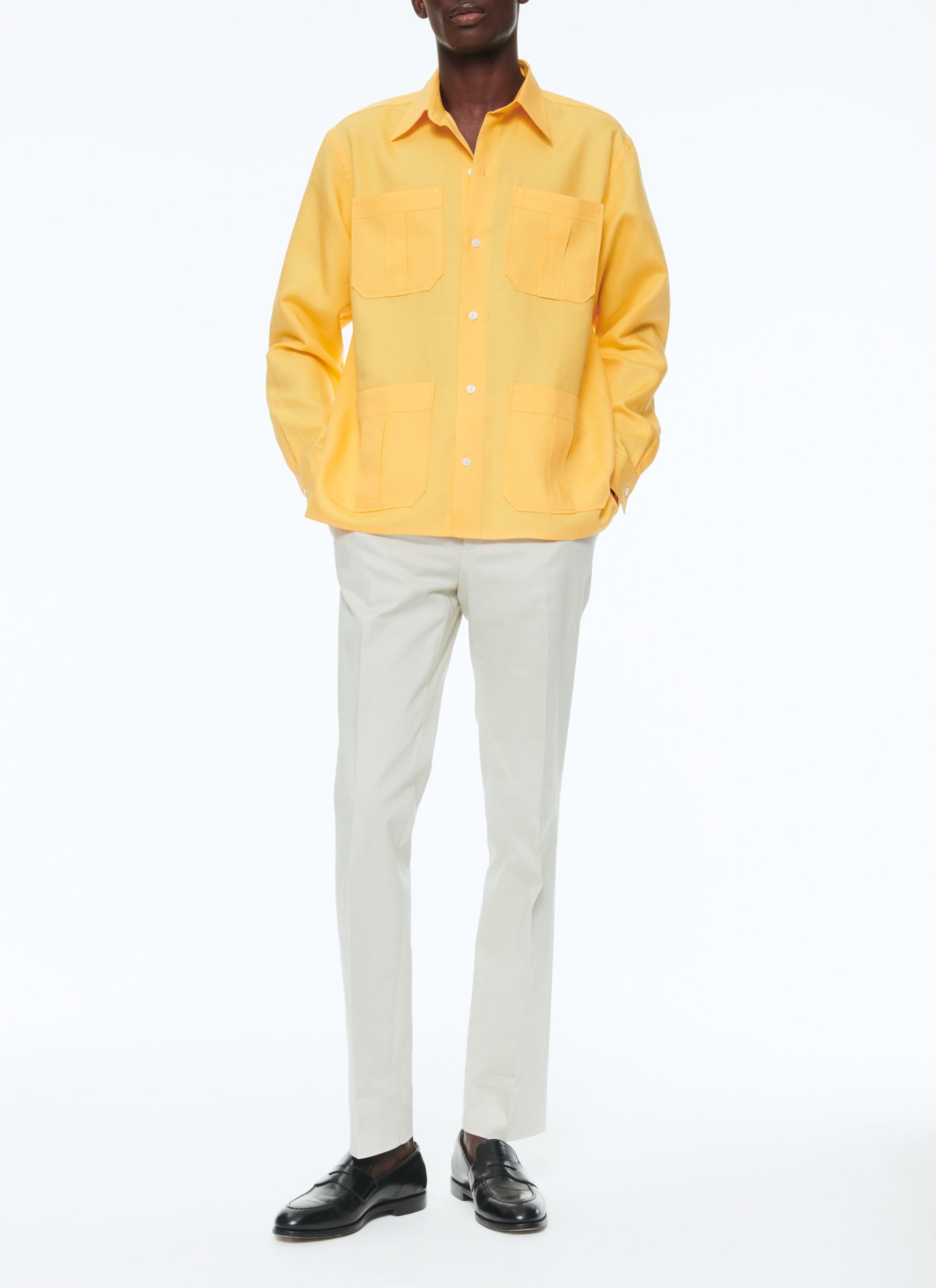 Chemise à multi-poches en lin tramée - Moutarde