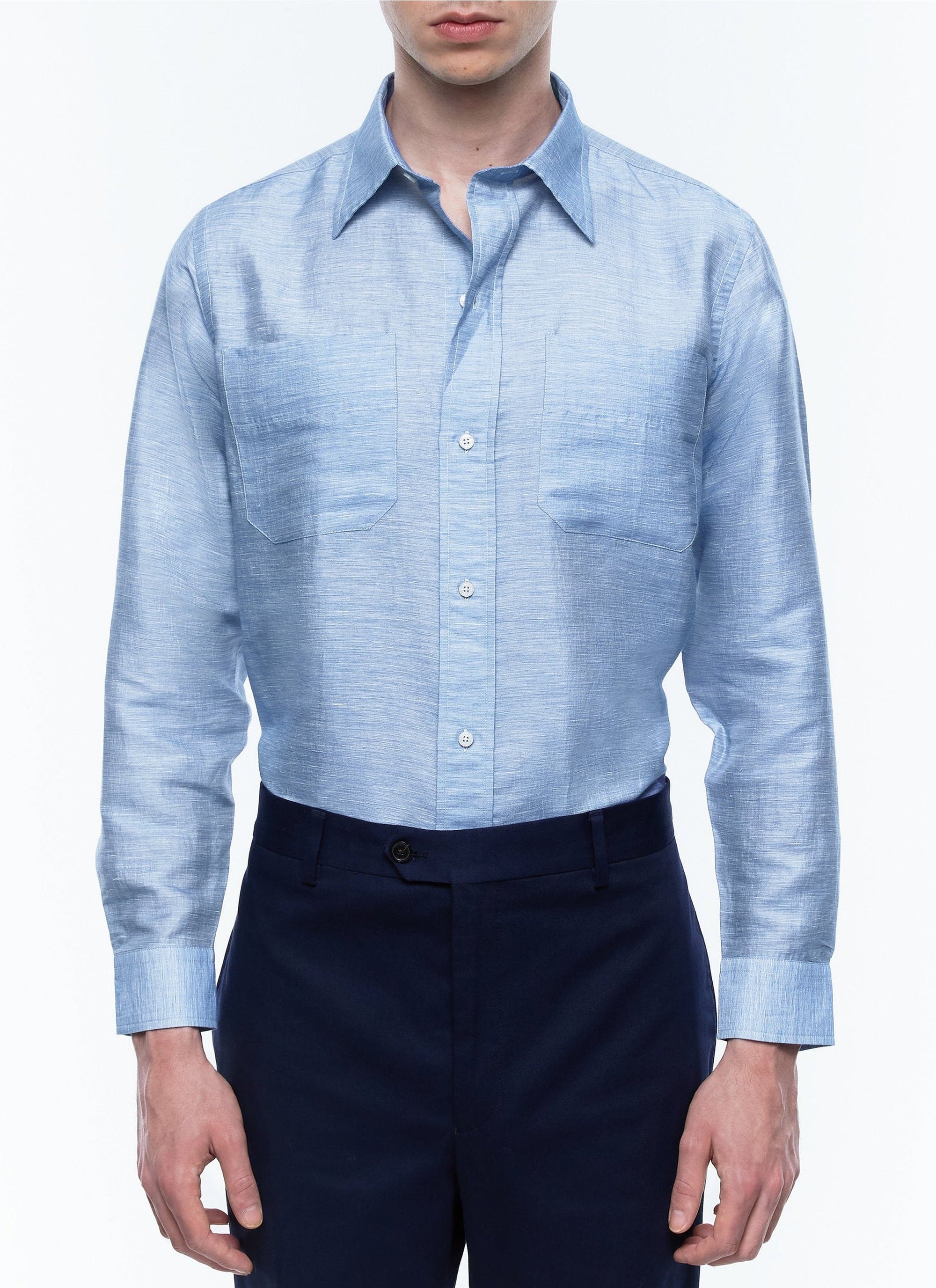 Linen swallow-neck shirt - Light Blue