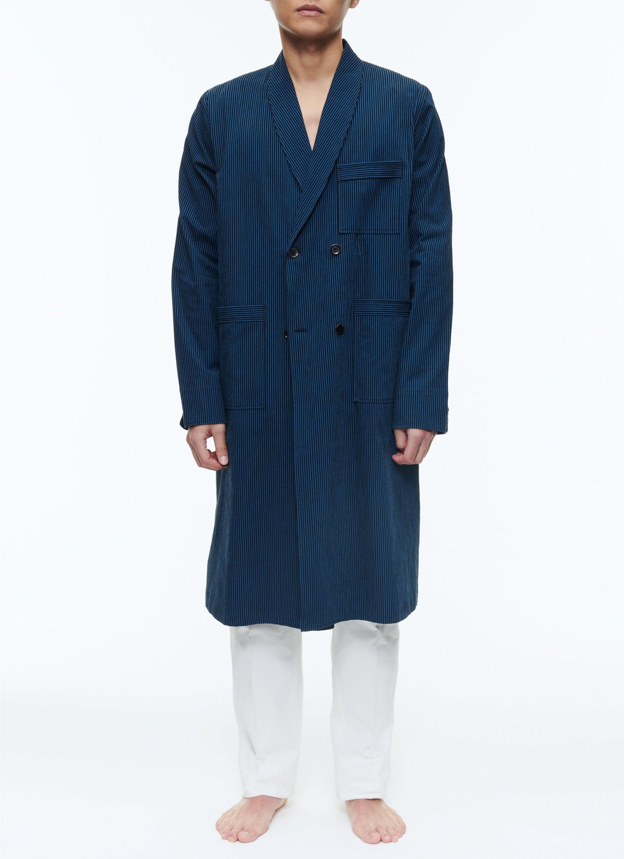 Veste longue rayée et texturée - Petrole