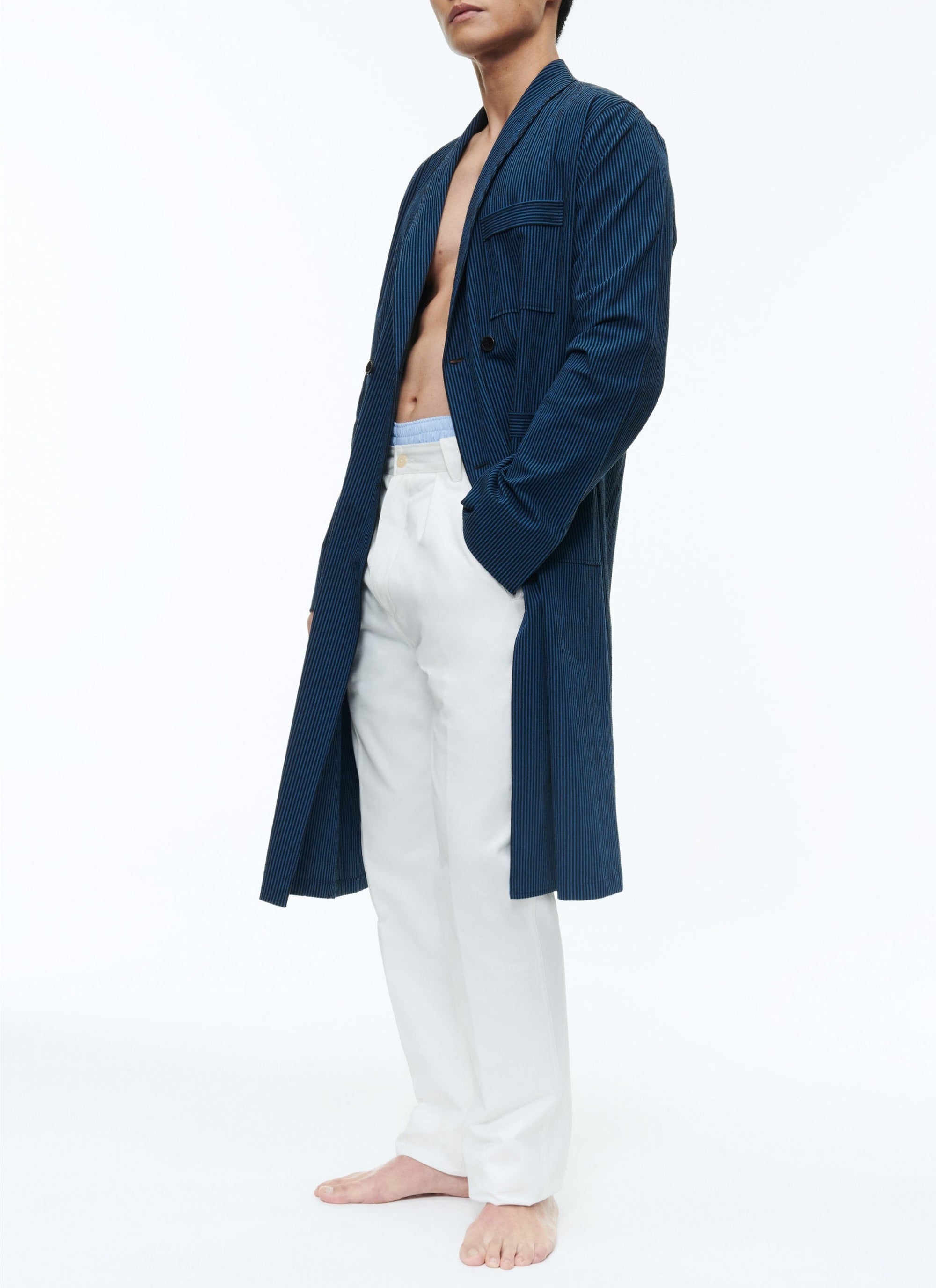 Veste longue rayée et texturée - Petrole