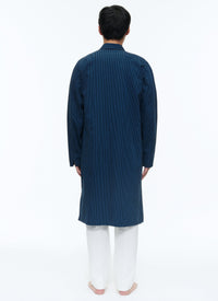 Veste longue rayée et texturée - Petrole