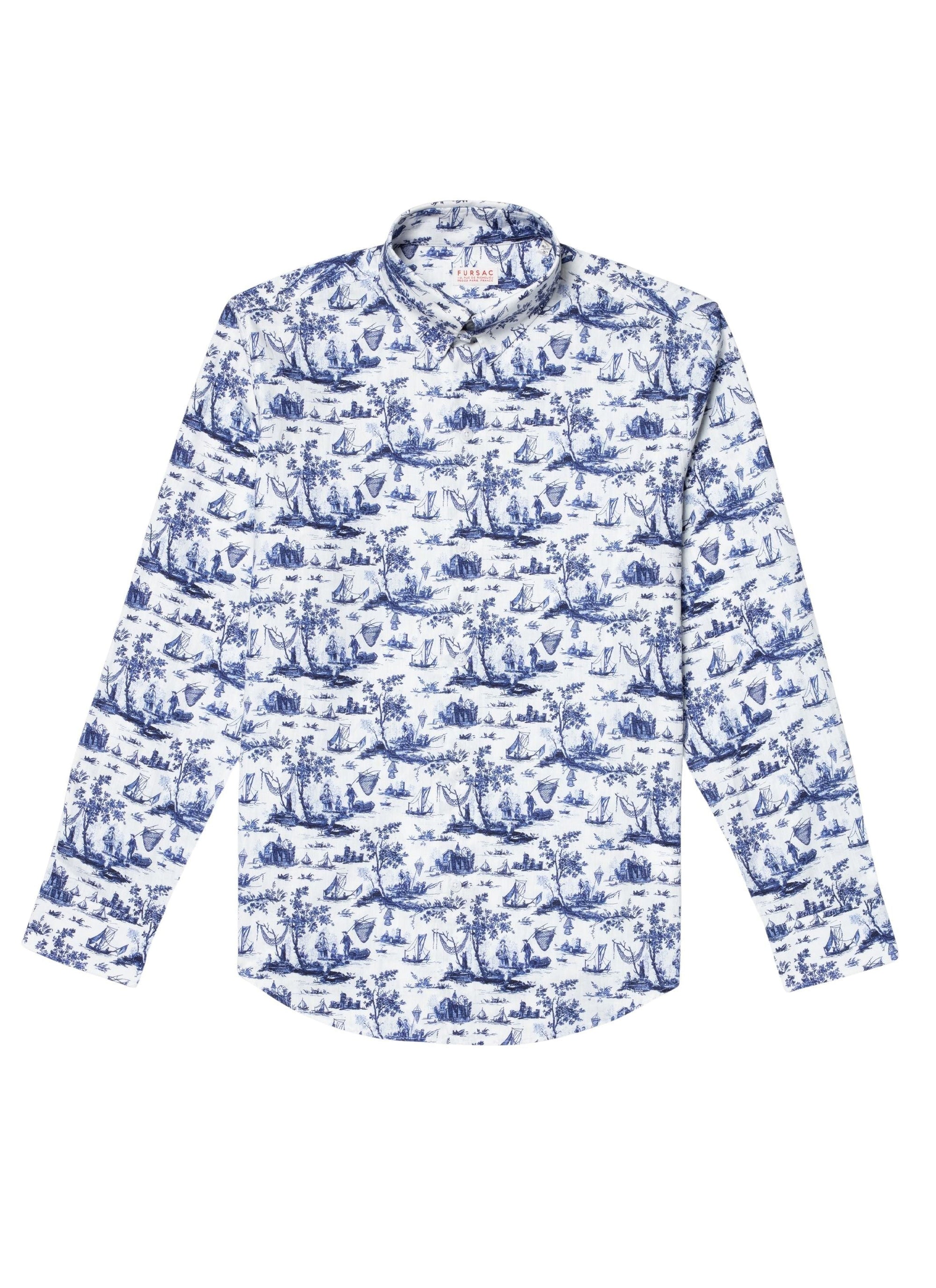 Cotton twill toile de Jouy shirt - Bleu de France