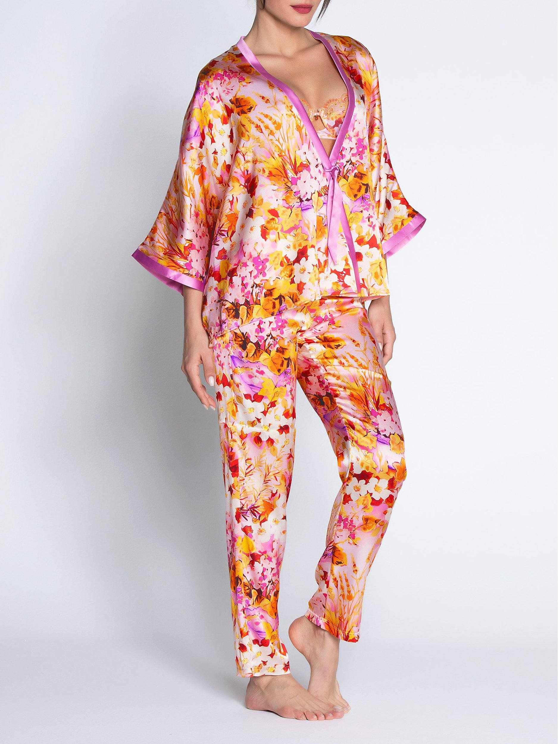 Pantalon Jardins de Lumière en soie imprimé - Bouquet Lumière