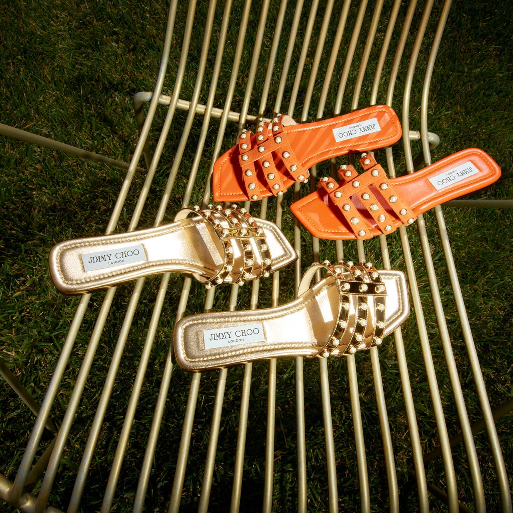 Hazal flat leather sandals with metal effect and studs - Gold