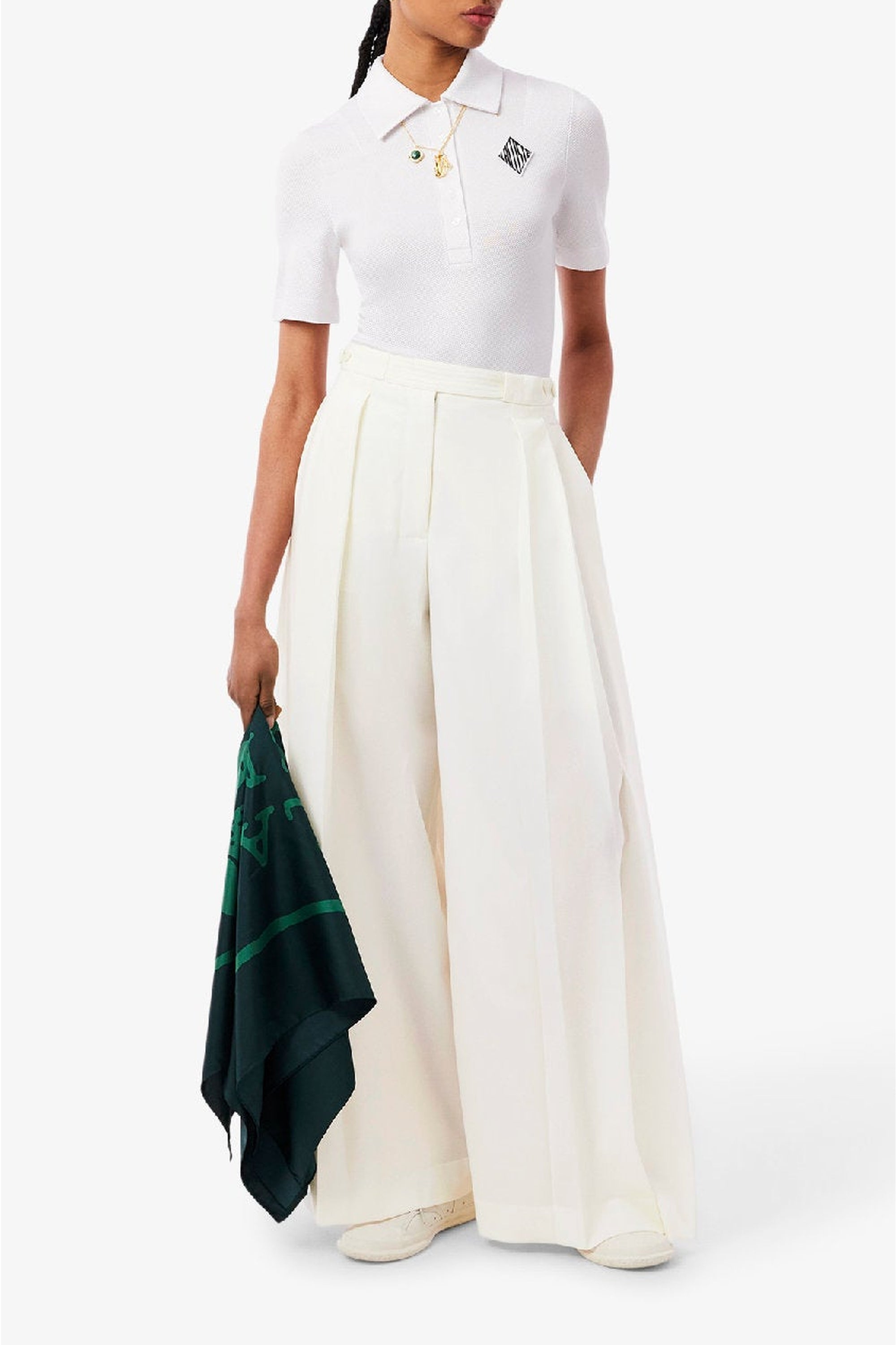 Pantalon plissé taille haute en laine mélangée - Blanc