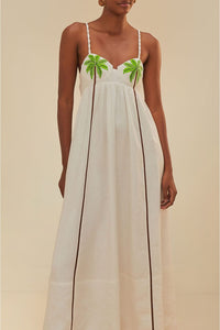 Robe longue brodée Coconut Tree en lin - Blanc