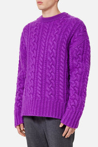 Pull col rond à torsades en laine - Purple