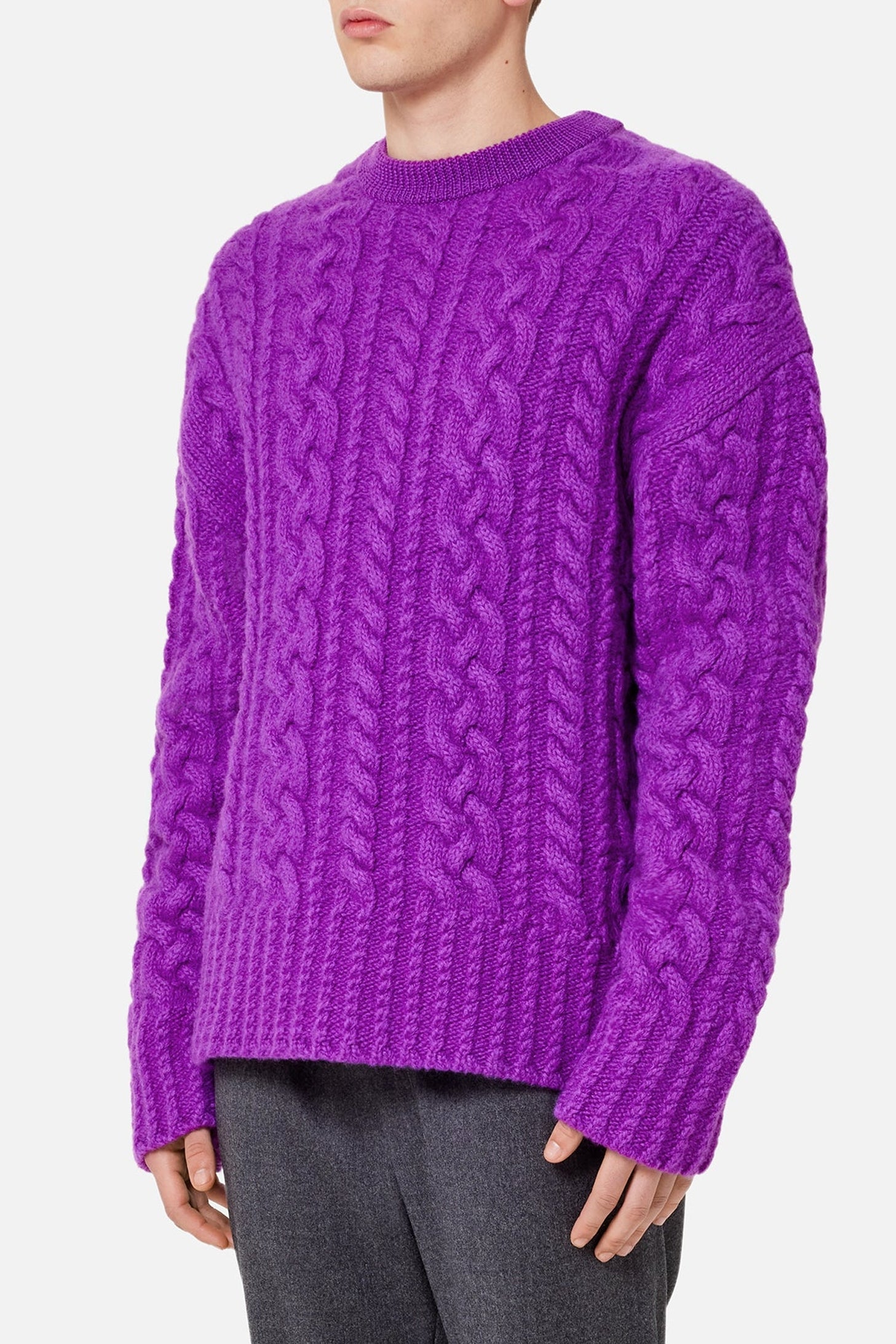 Pull col rond à torsades en laine - Purple