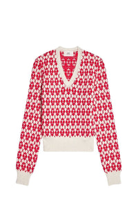 Pull jacqaurd col V en laine - Off White & Red