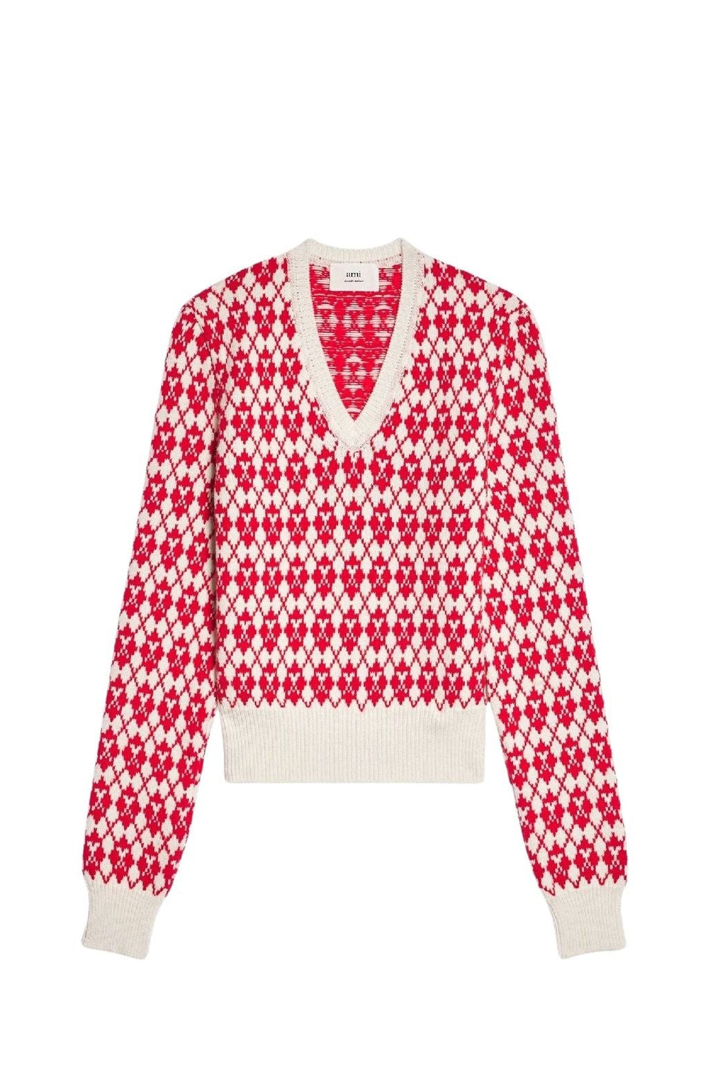 Pull jacqaurd col V en laine - Off White & Red