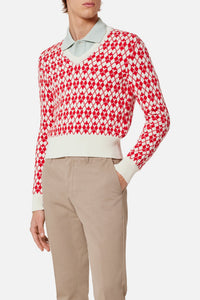 Pull jacqaurd col V en laine - Off White & Red