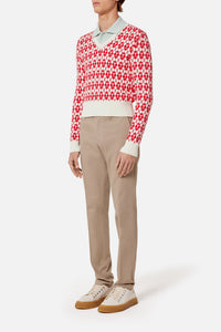 Pull jacqaurd col V en laine - Off White & Red