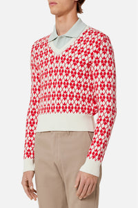 Pull jacqaurd col V en laine - Off White & Red