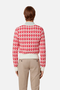 Pull jacqaurd col V en laine - Off White & Red