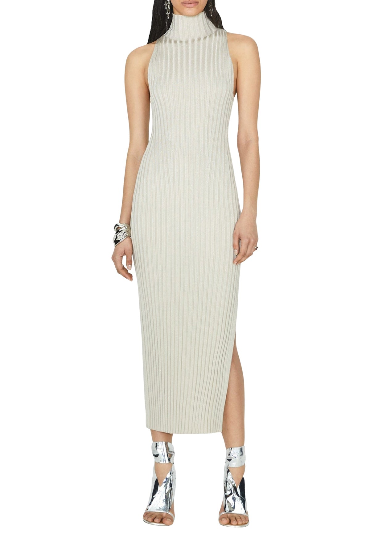 Metallic Rhea Turtleneck Dress - Oyster