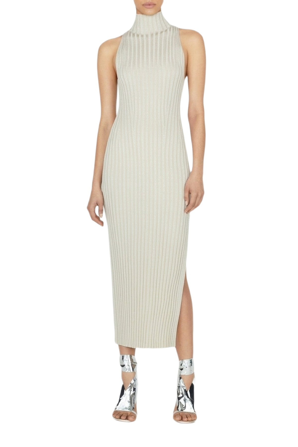 Metallic Rhea Turtleneck Dress - Oyster