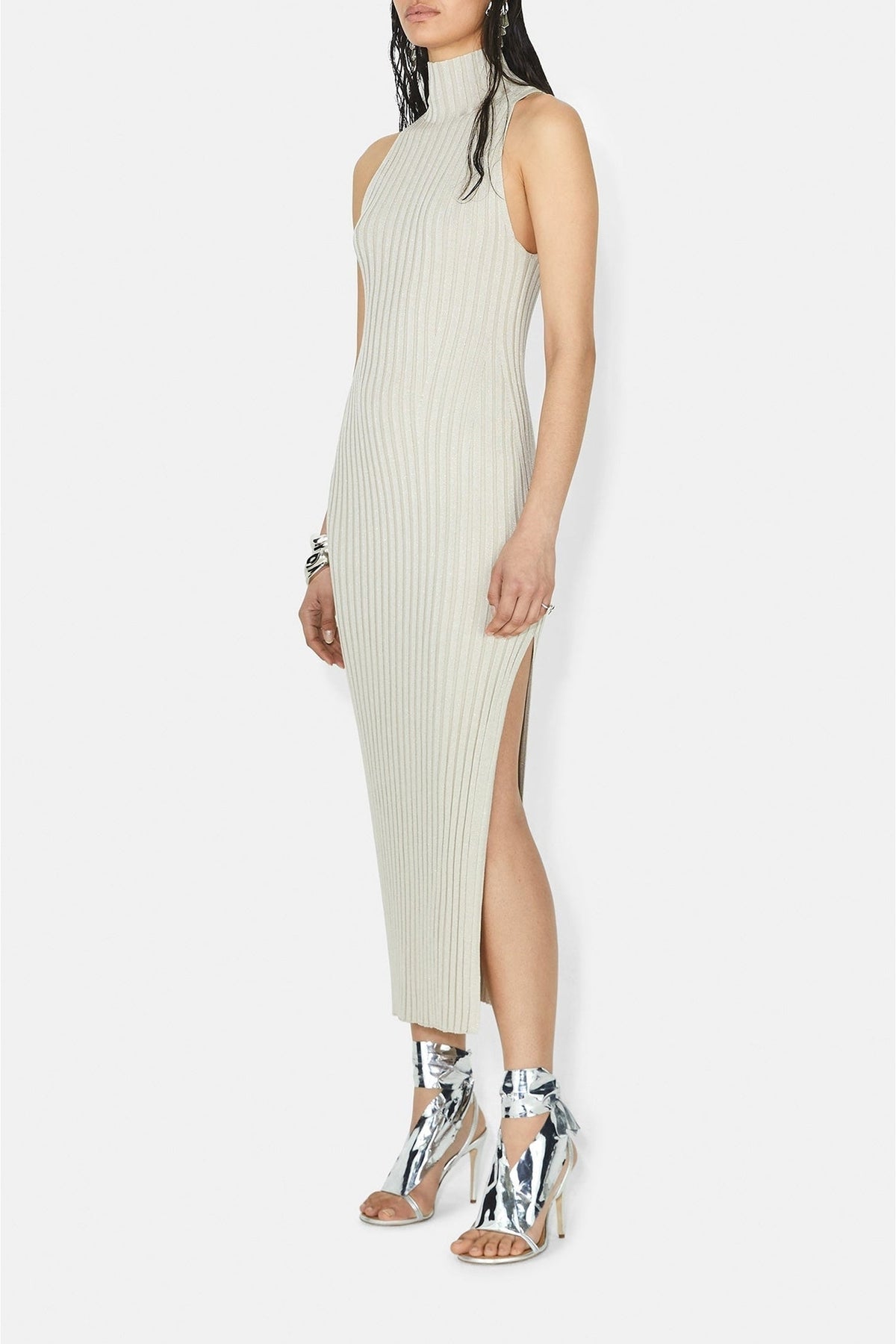 Metallic Rhea Turtleneck Dress - Oyster