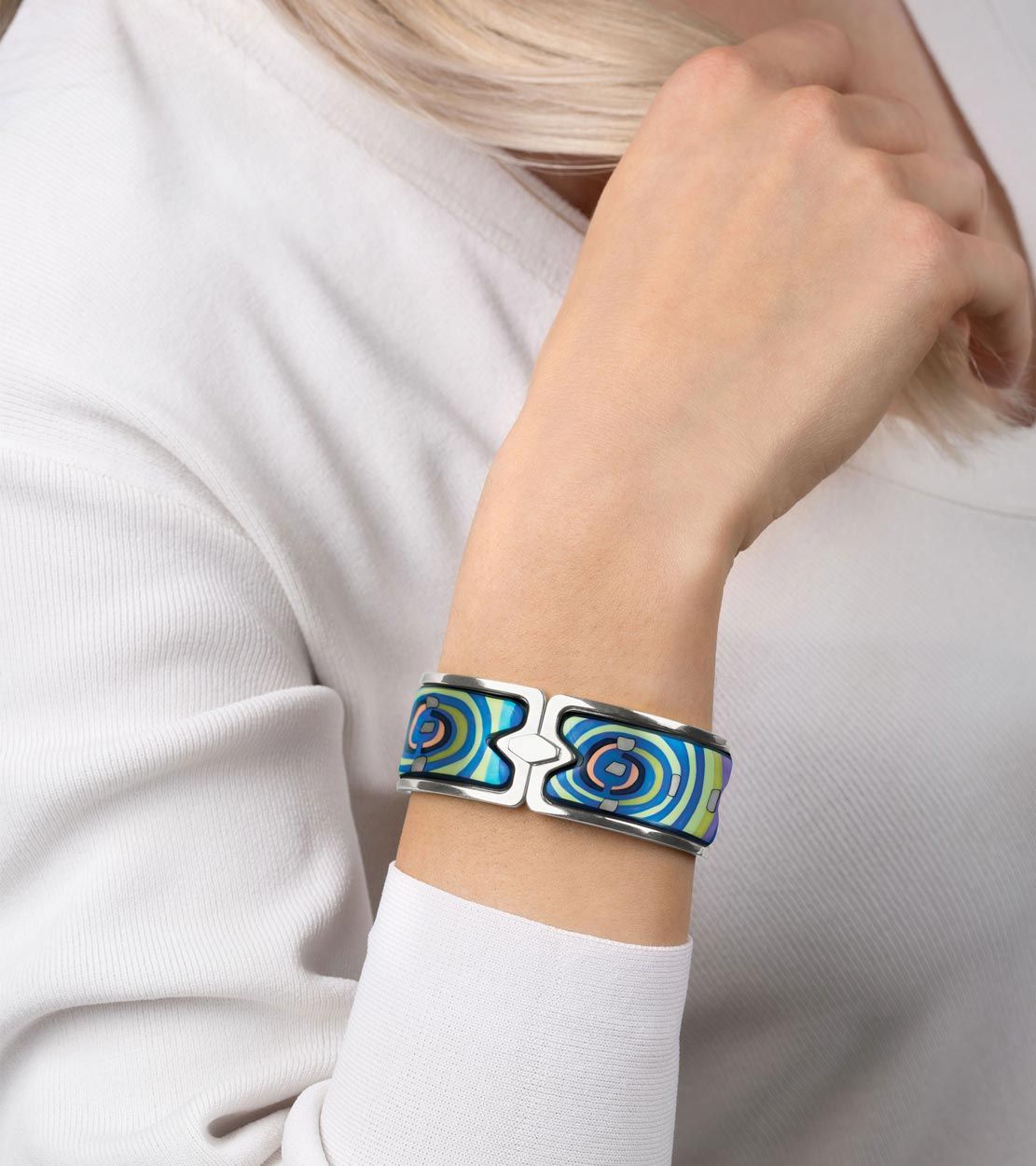 Manchette Royal en émail et plaqué au rhodium - Bleu & vert & argent