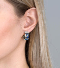 Enamel and rhodium Mini Creole earrings - Blue & green & silver