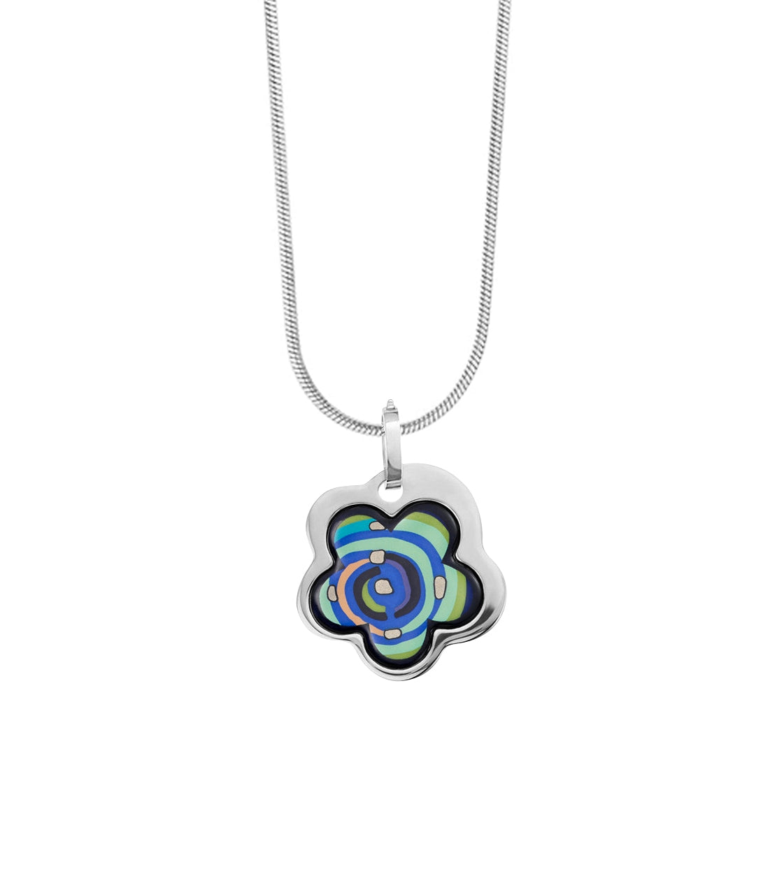 Flower enamel and rhodium-plated necklace - Blue, Green & Silver