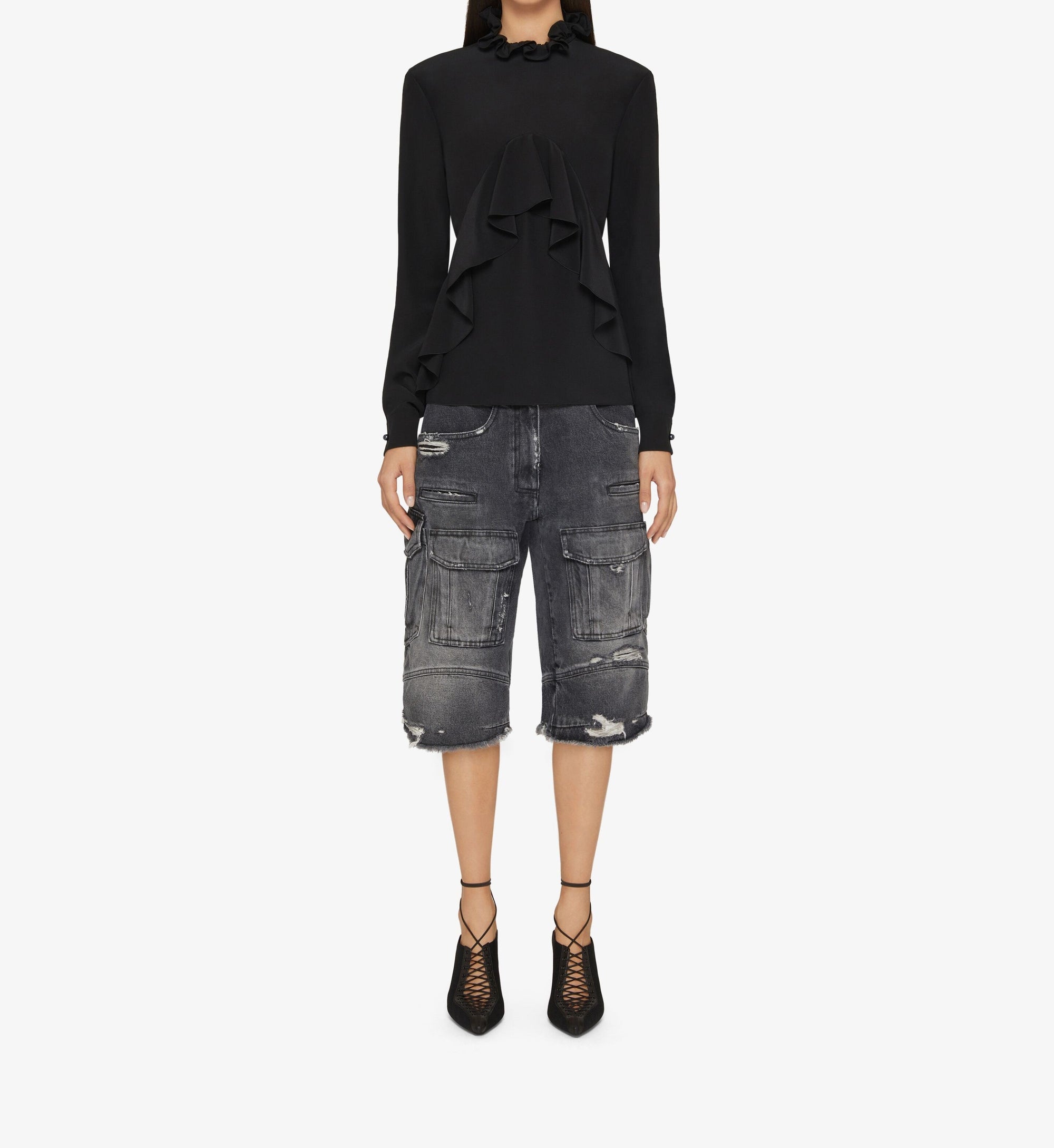 Blouse avec volants en soie - Black