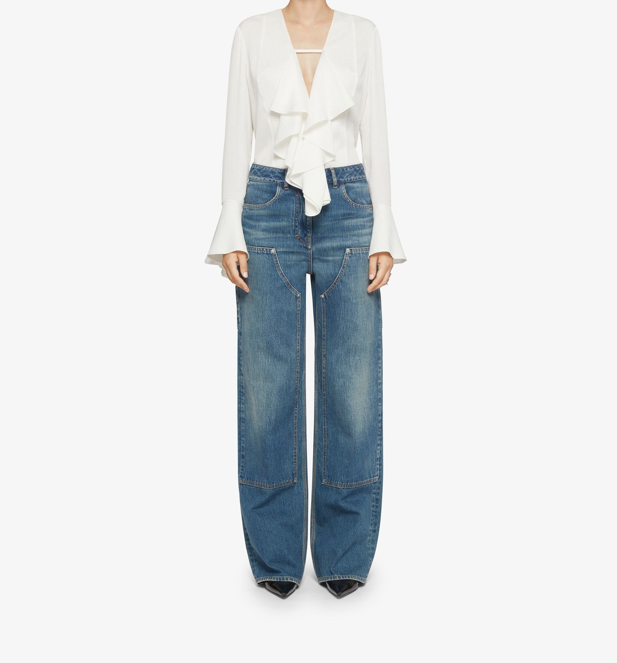 Blouse 4G avec volants en soie - White