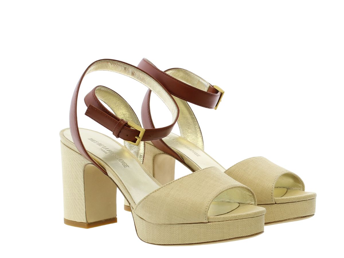 3qty NEW  / Sandales Laura compensée 65 en cuir -  Naturale & Cognac